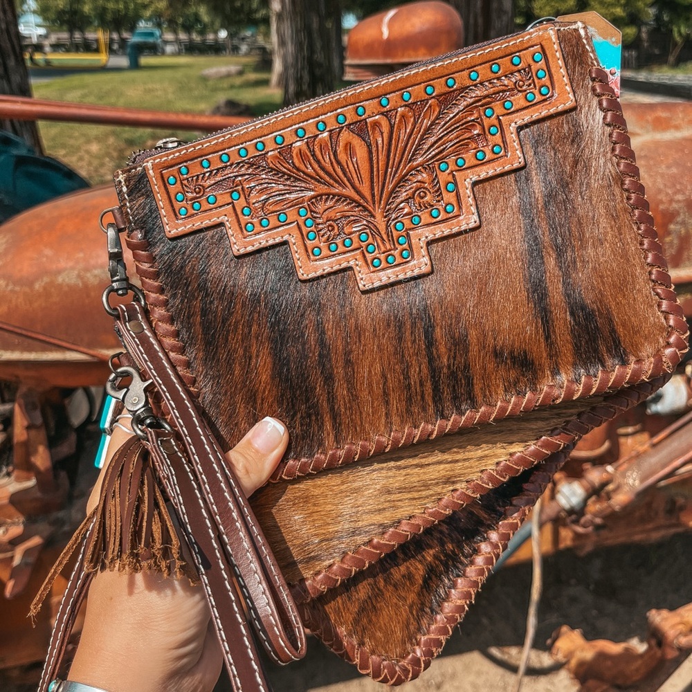 Brown and Tan Hyde Leather Wristlet with Turquoise Accents